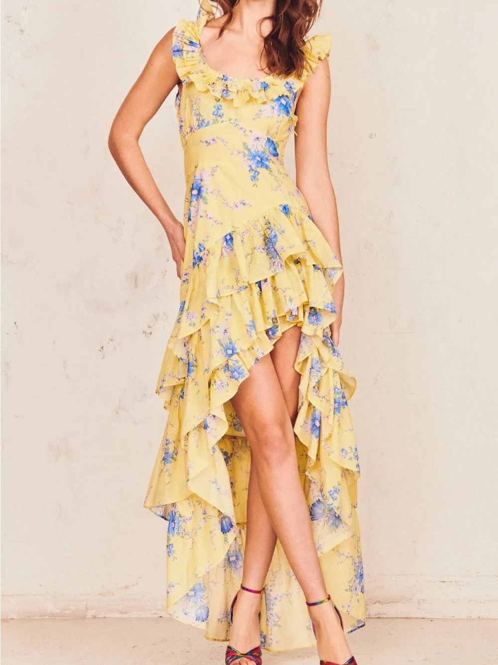 LoveShackFancy Winslow Yellow Floral Ruffle High-Low Dress